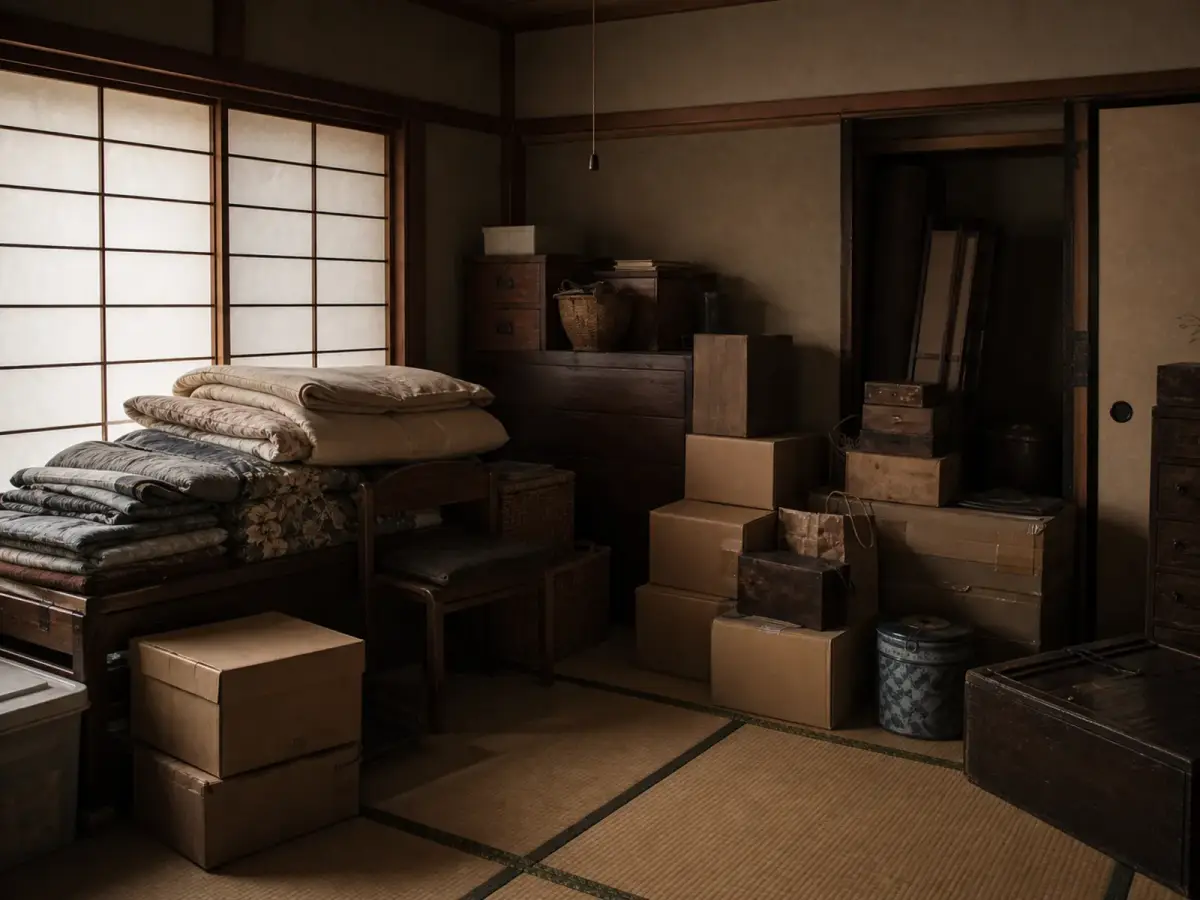 荷物が積まれた和室・作業前(イメージ)