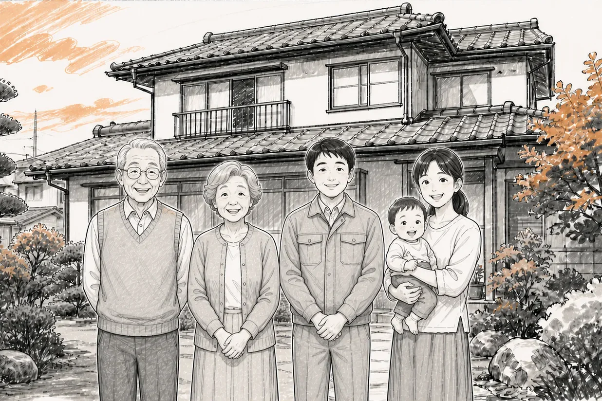 CM動画の最後の場面。片付いた庭を背に、ご家族と作業員が並んで笑っているイラスト。